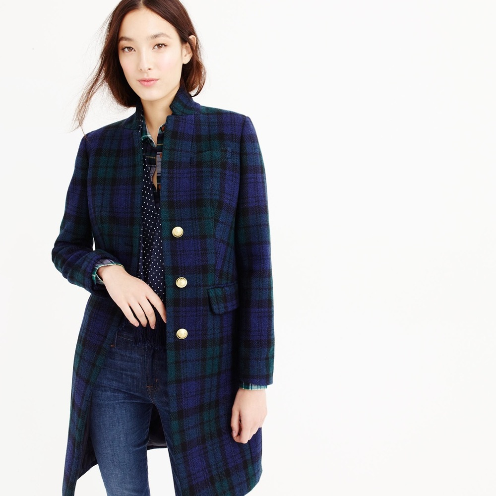 J CREW tartan plaid green/ blue coat with gold buttons size 00 rare find! GUC